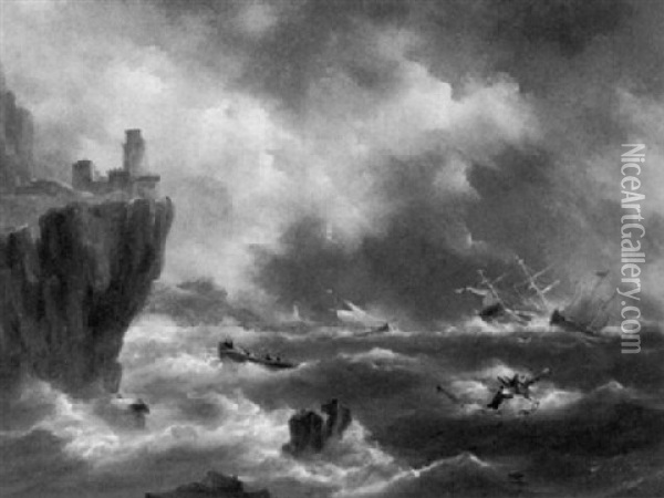 Schiffbruchiger Zweimaster Vor Felsiger Kuste Oil Painting - Govert Van Emmerik
