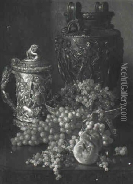 Still Life With Vase, Tankard, Grapes And Currants Oil Painting - Edward Chalmers Leavitt