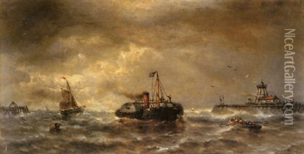 A Paddle Steamer And A Ferry Off A Jetty Oil Painting - Francois-Etienne Musin
