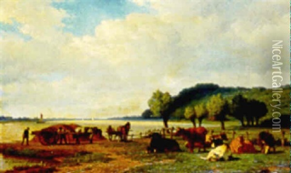 Horses And Carts And Cattle On A Riverbank Oil Painting - Willem Carel Nakken