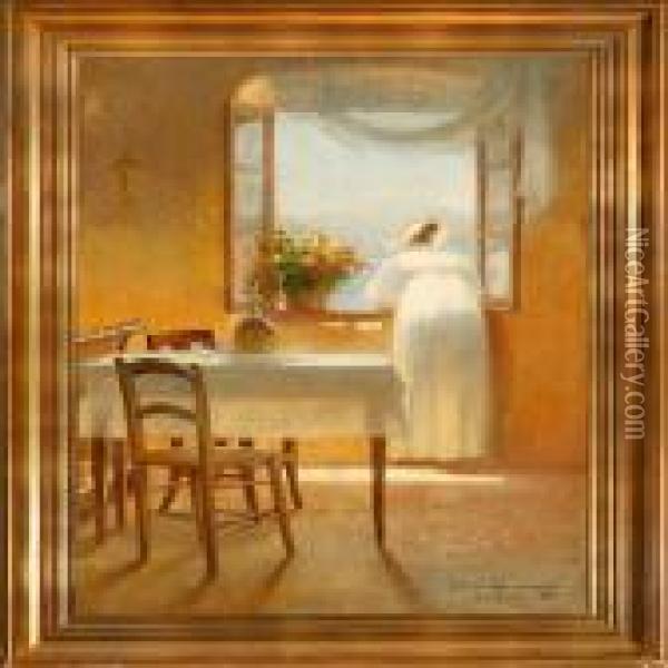 Interior From Italy With A Woman Looking Out The Window Oil Painting - Cilius Andersen