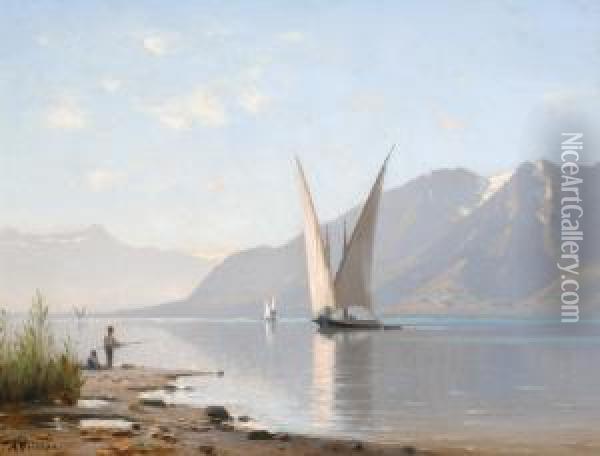 Sailboats On A Swiss Lake Oil Painting - Auguste Louis Veillon