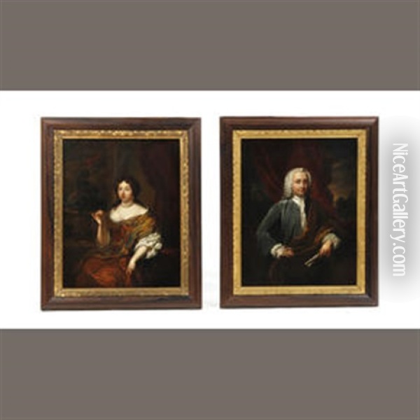 A Portrait Of A Lady Wearing Brown Dress And Pearl Necklace And Another Of A Gentleman Wearing A Wig (a Pair) Oil Painting - Constantyn Netscher