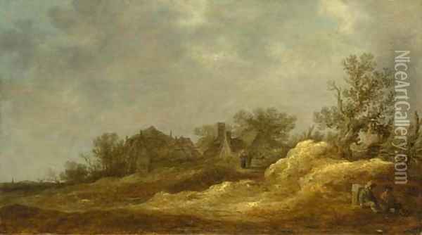 Travellers resting on a track, a village in the distance Oil Painting - Jan van Goyen