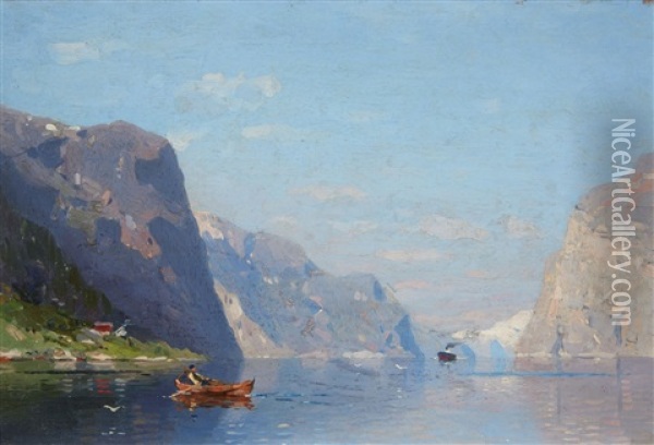 Two Norwegian Fjord Landscapes Oil Painting - Georg Anton Rasmussen