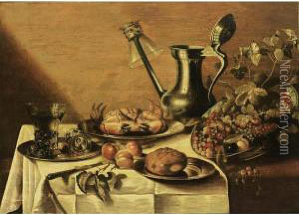 On A Pewter Plate, A Crab On A Pewter Plate, Apples, A Jan Steen Jug With A Oil Painting - Pieter Claesz.