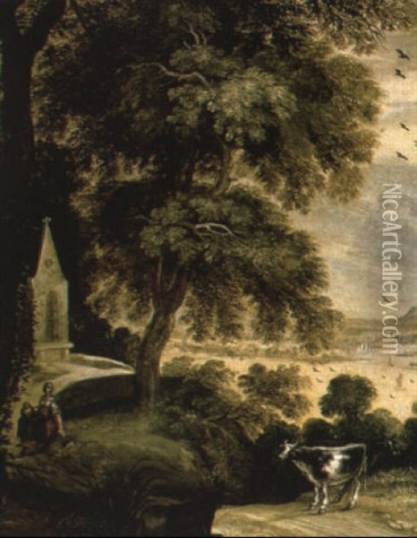 A Wooded Landscape With Cattle On A Track And A Maid Outside A Chapel Oil Painting - Kerstiaen Koninck