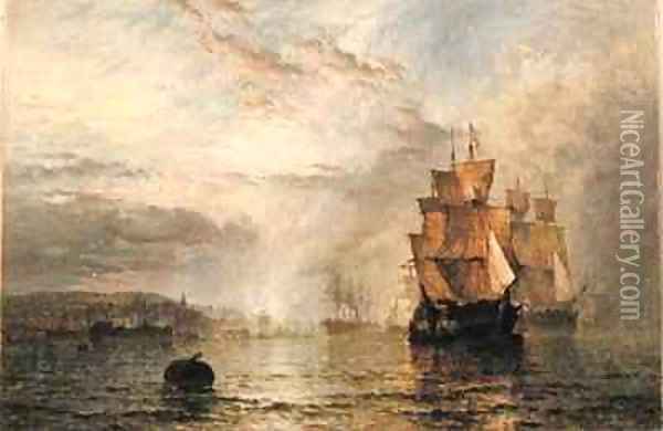 Shipping Becalmed in an Estuary at Evening Oil Painting - Henry Thomas Dawson