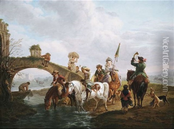 Eine Elegante Jagdgesellschaft Trankt Ihre Pferde An Einem Bach Oil Painting - Johann Georg Pforr