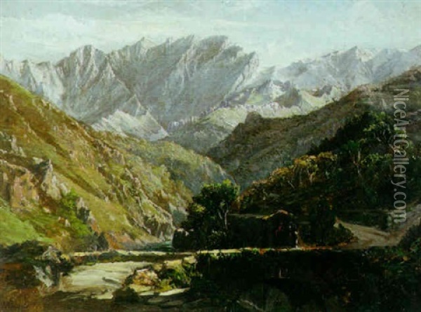 An Extensive Mountainous Landscape With A River And Footbridge In The Foreground Oil Painting - Charles H. Poingdestre