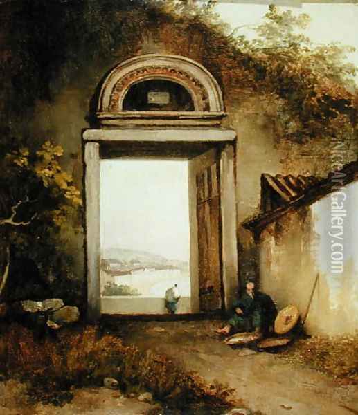 View of Praya Grande, Macao, from a Doorway on Penha Hill, 1834 Oil Painting - George Chinnery
