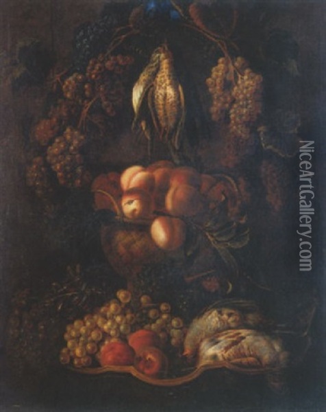 Nature Morte A La Perdrix Et Au Panier De Fruits Oil Painting - Claude Nicolas Huilliot