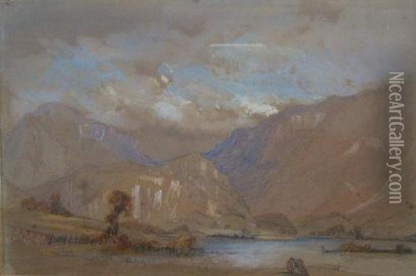 Mountains And Lake With Field Artillery Gun To Fore Ground Oil Painting - Arthur Perigal
