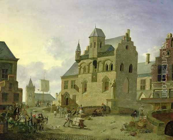 Town square with figures and peasants trading in a market place Oil Painting - Johannes Huibert Prins