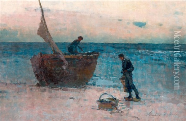 Fishermen On The Shore Oil Painting - Wladyslaw Wankie