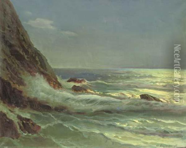 Waves Breaking At The Cliffs, Dusk Oil Painting - Constantin Alexandr. Westchiloff