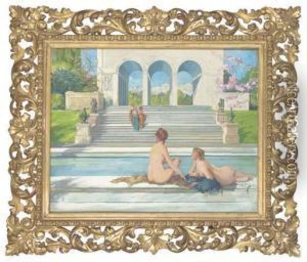 Maidens Relaxing By A Pool In An Arcadian Landscape Oil Painting - Charles Henry Sykes