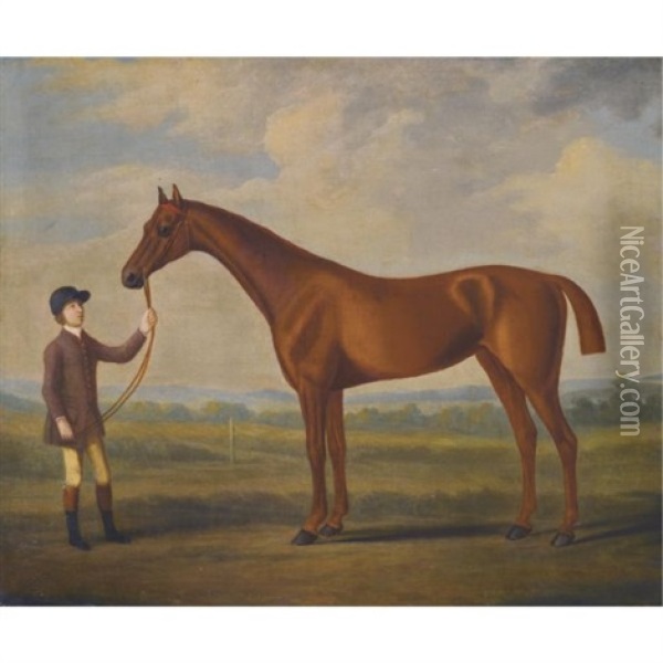 A Chestnut Racehorse Held By A Stable Boy In A Landscape Oil Painting - Francis Sartorius the Elder