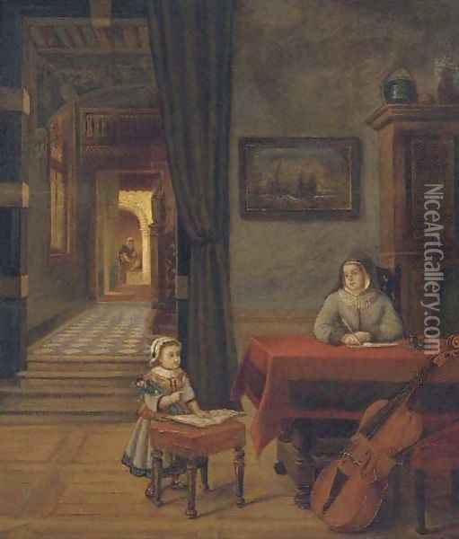 A mother and child in an interior Oil Painting - Pieter De Hooch