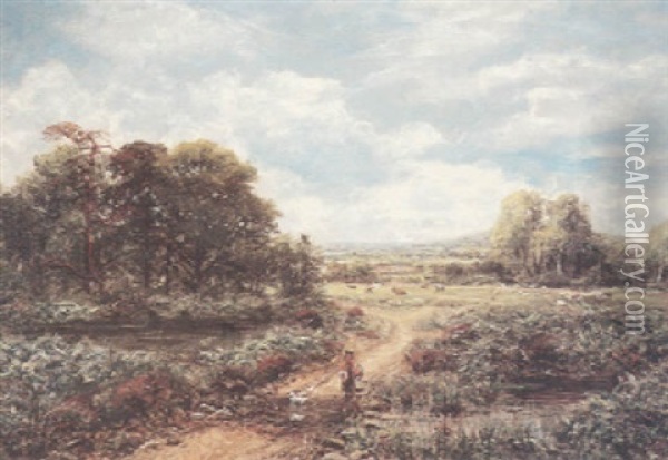 An Extensive Country Landscape With Two Children And A Dog On A Path In The Foreground Oil Painting - George William Mote