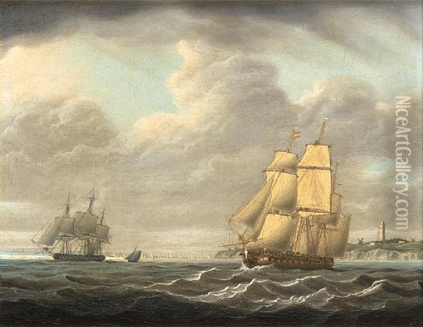 A Frigate Running Down The Coast With Other Shipping Beyond Oil Painting - Francis Swaine
