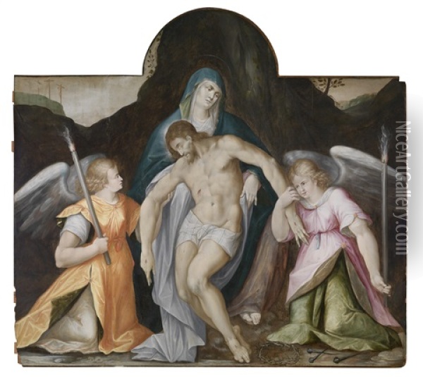 Pieta Mit Zwei Fackeltragenden Engeln Oil Painting - Michiel Coxie the Elder