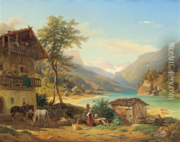 Landliche Idylle Am Gosausee (?) Oil Painting - Franz Reinhold