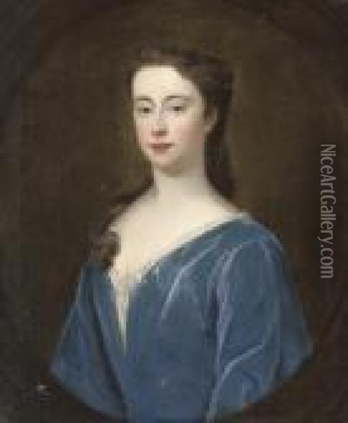 Portrait Of A Lady, 
Traditionally Identified As Mary Holt Of Castleton (1691-1749) Later Mrs
 Chetham, Bust-length, In A Blue Velvet Dress, In A Sculpted Cartouche Oil Painting - Michael Dahl