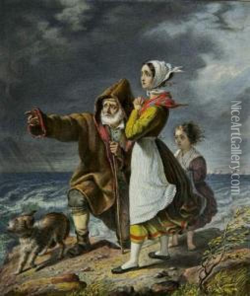 Eine Fischerfamilie Bangt An Sturmischer Kuste. 1838 Oil Painting - Carl Von Blaas