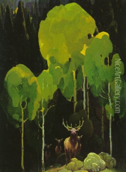 Aspens And Elk Oil Painting - William Herbert Dunton