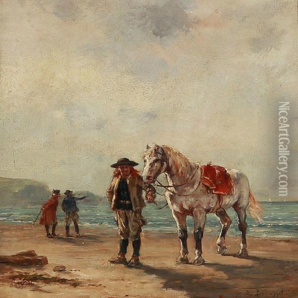 A Cavalry Officer On A Beach With His Horse Oil Painting - Louis Emile Benassit