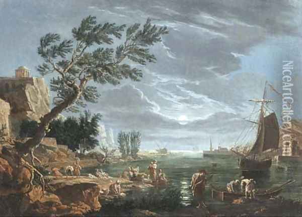 A moonlit mediterranean landscape with fishermen and women washing by a harbour Oil Painting - Charles Francois Lacroix de Marseille