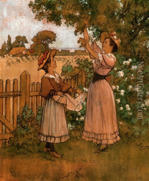 Two Girls Picking Leaves Oil Painting - Hermann Seeger