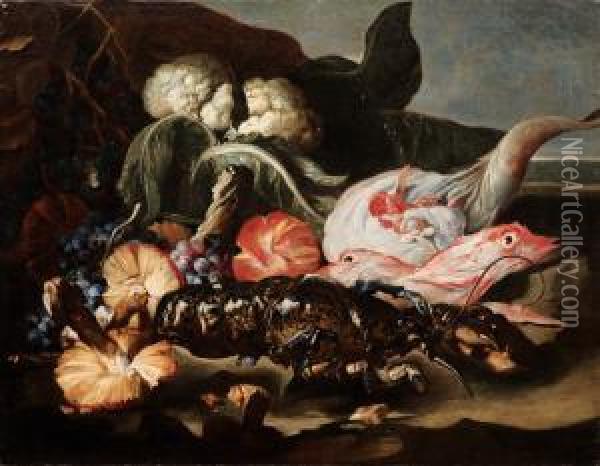 Natura Morta Con Pesci, Crostacei, Funghi, Cavolfiori E Uva In Un Paesaggio Oil Painting - Giovan Battista Ruoppolo