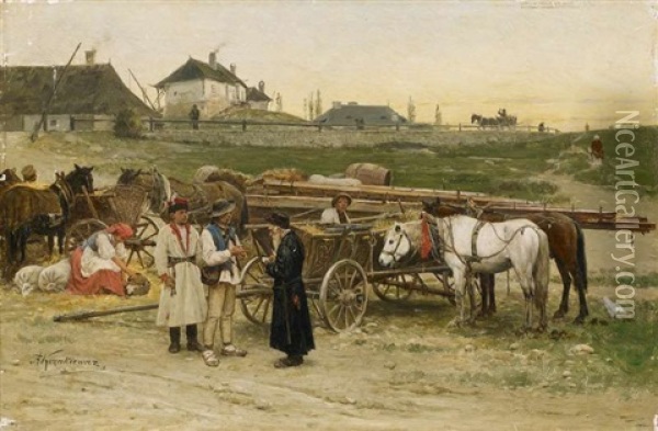 Viehhandel In Einem Polnischen Dorf Oil Painting - Anton Kozakiewicz