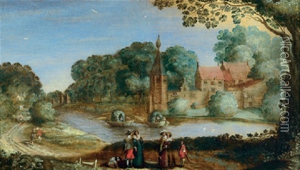 Dorf An Einem Fluss Mit Figuren Oil Painting - Hendrik van der Borcht the Elder