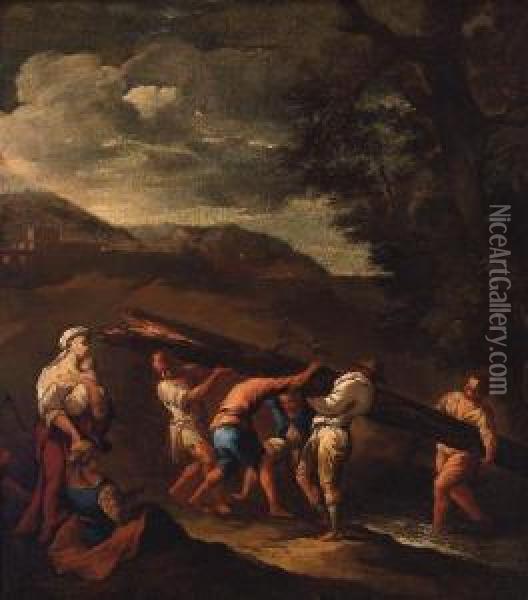 Peasants Carrying A Fallen Tree Across A Stream In Alandscape Oil Painting - Giuseppe Maria Crespi