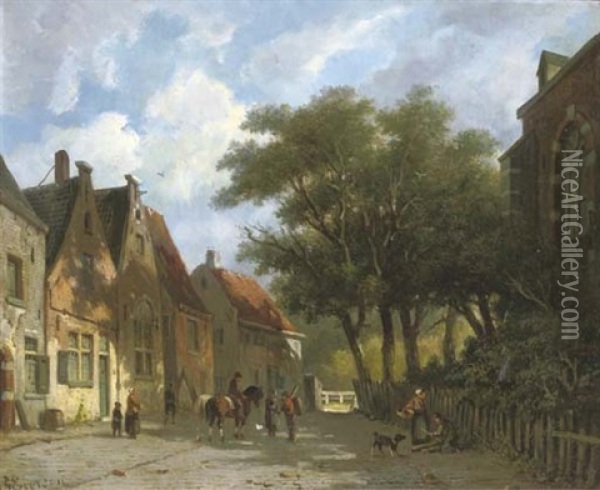 Activities On A Village Street Near A Church In Summer Oil Painting - Adrianus Eversen