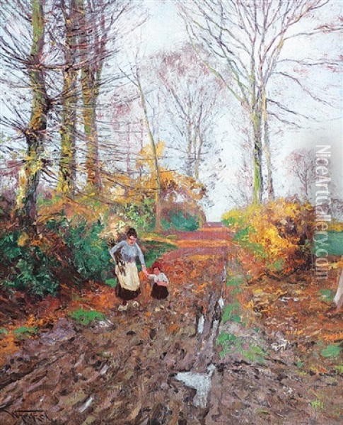 Reisigsammlerin Mit Kind Auf Dem Waldweg An Einem Sonnigen Herbsttag Oil Painting - Wilhelm Fritzel