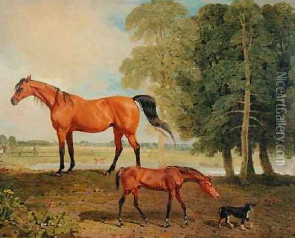 Broodmare with Foal and Terrier Oil Painting - Benjamin Marshall