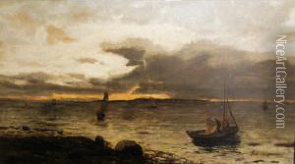 On The Coast: Rain Clouds Passing Over Oil Painting - Leopold Rivers