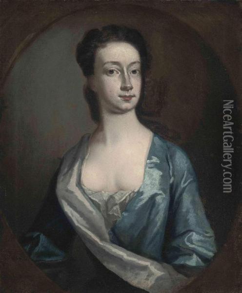 Portrait Of Mary, Daughter Of 
Hamilton Townley (b. 1673),half-length, In A Blue And White Silk Dress, 
In A Feignedoval Oil Painting - Michael Dahl