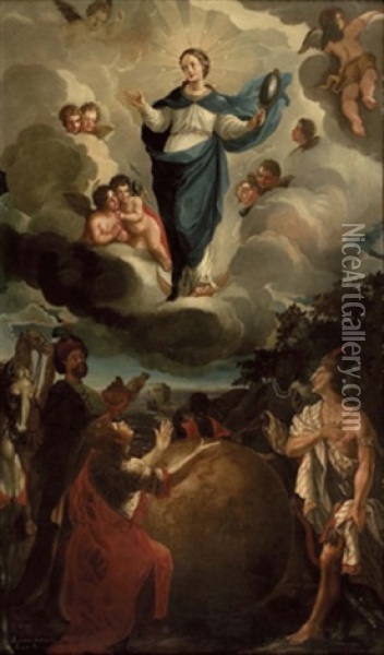 Altarbild: Maria Immaculata Verehrt Von Den Vier Erdteilen Oil Painting - Bernhard Schmidt