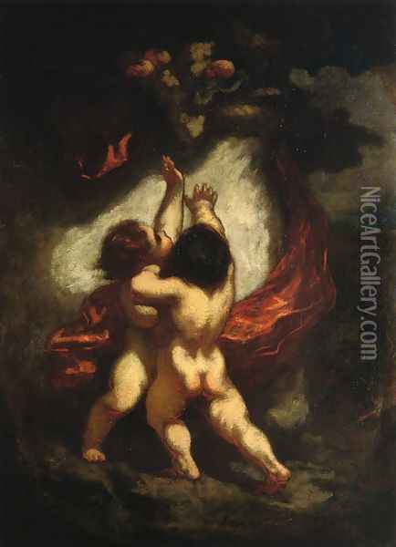 Two Cupids with Red Drapery Oil Painting - Honore Daumier