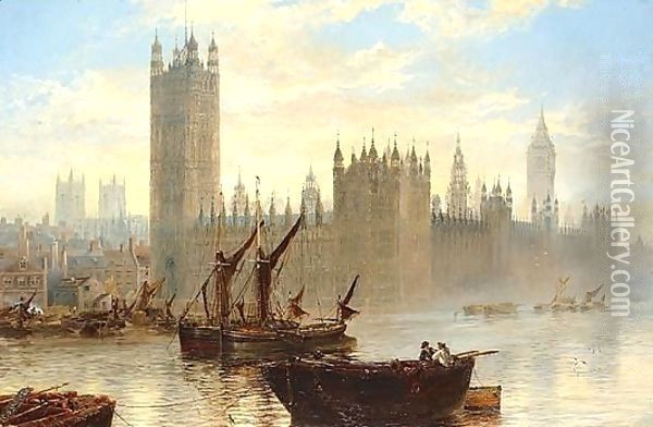 The Houses Of Parliament From The Thames Oil Painting - Claude T. Stanfield Moore