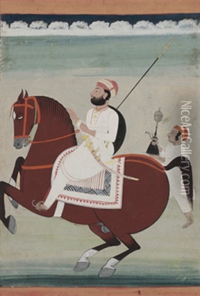 A Nobleman On Horseback Oil Painting -  Indian School-Jodhpur (19)