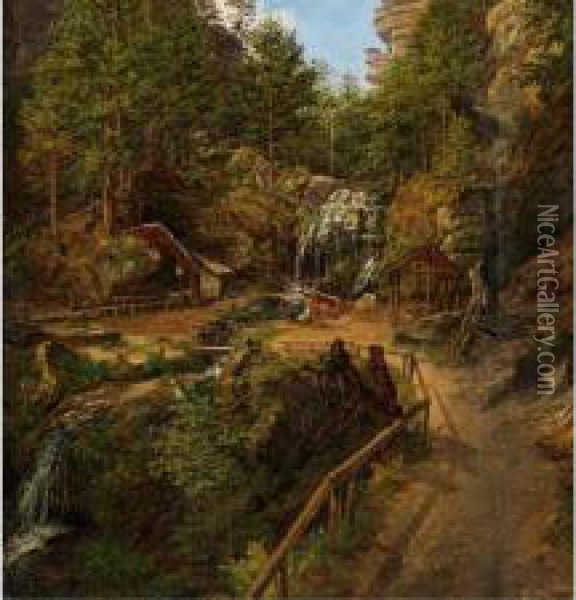 Wasserfall Im Amseltal Beireithen Oil Painting - Matthias Rudolf Toma