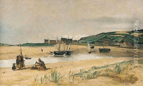 Plage De Sable Avec Bateaux Et Pecheurs (Sainte-adresse) Oil Painting - Jean-Baptiste-Camille Corot