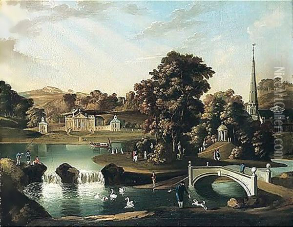 Prospect Of Duncombe Park, Seat Of Thomas Duncombe, With Figures By The Lake Oil Painting - William Hannan