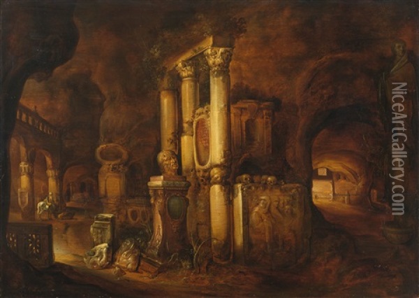 Romische Grotte Mit Antiken Saulen, Grabsteinen Und Marmorbuste Oil Painting - Charles Cornelisz de Hooch